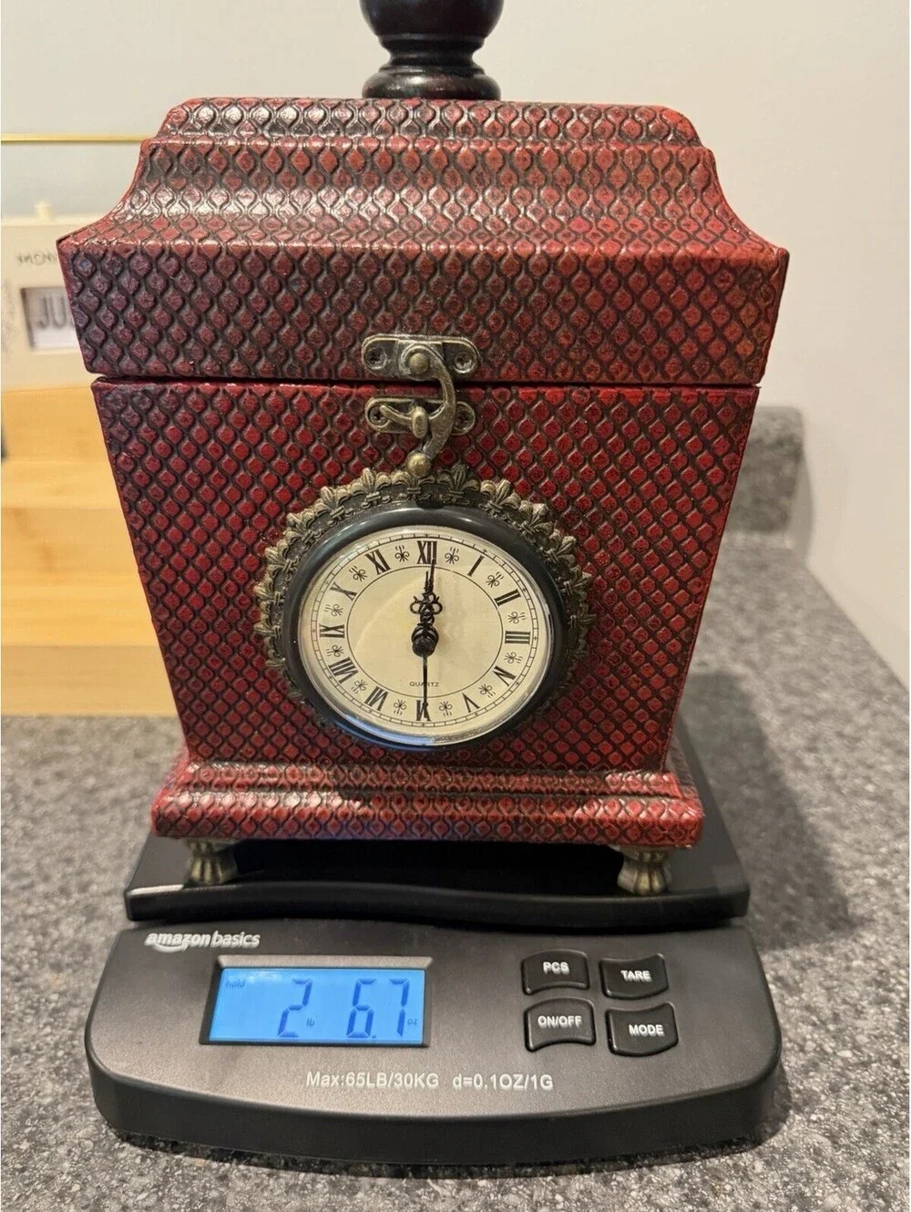 Home Interiors Red Quartz Clock Storage Box  Compartment Trinket Chest